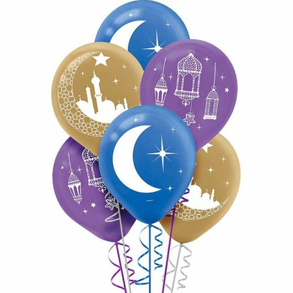 30cm Latex Balloons (Standard) | 15 Pack Mosque Lantern Moon & Stars Latex Balloons – 30Cm