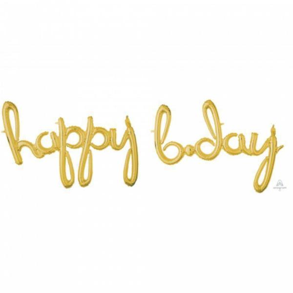 Air-Filled Banners | Gold Happy Bday Script Phrases Foil Balloon