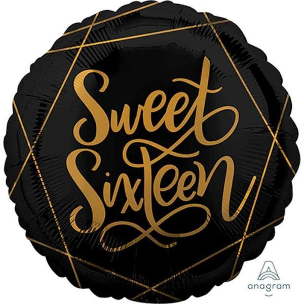 Birthday & Milestone Foil Balloons | Elegant Sweet Sixteen Black & Gold Foil Balloon – 45Cm