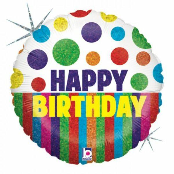 Birthday & Milestone Foil Balloons | Happy Dots Birthday Stripes Round Foil Balloon – 46Cm