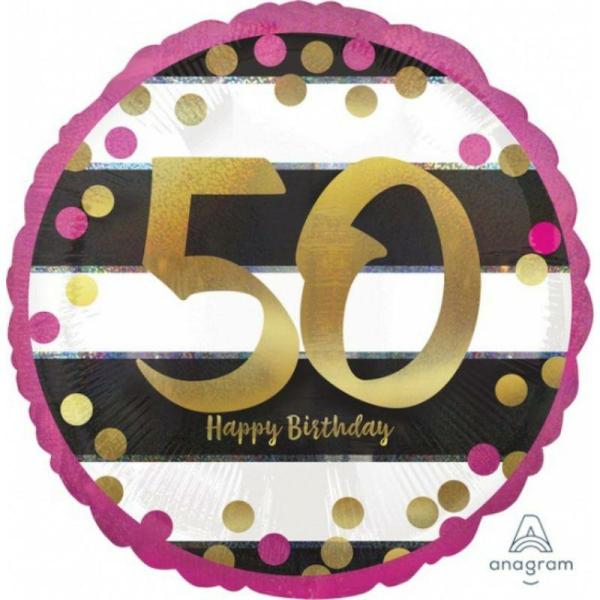 Birthday & Milestone Foil Balloons | Holographic Pink & Gold Milestone 50 Foil Balloon – 45Cm