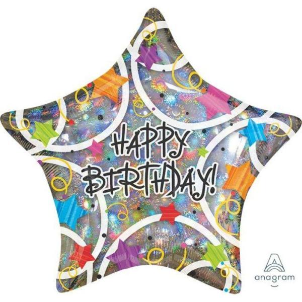 Birthday & Milestone Foil Balloons | Holographic Star Happy Birthday Foil Balloon – 45Cm