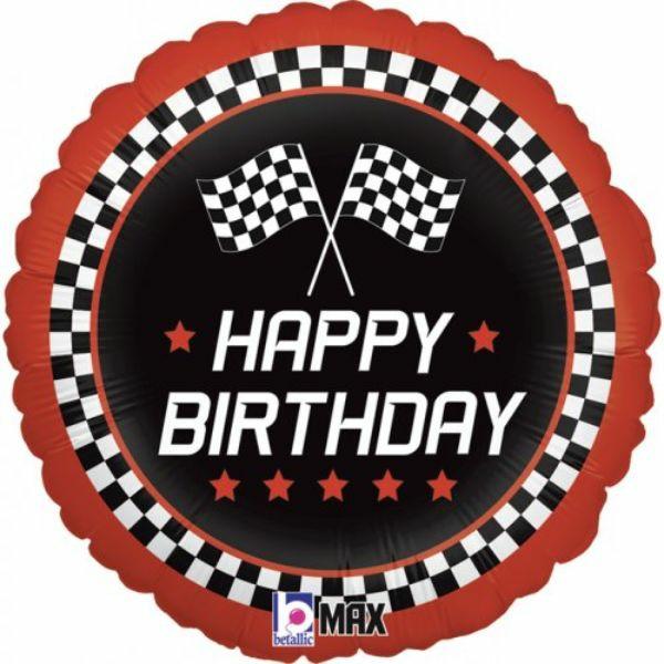 Birthday & Milestone Foil Balloons | Round Checkered Flag Happy Birthday Foil Balloon – 45Cm