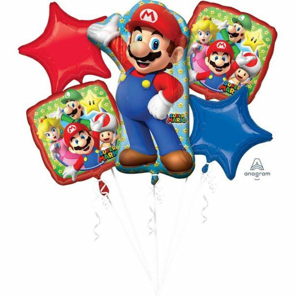 Character & Themed Foil Balloons | 5 Pack Bouquet Super Mario Brothers Foil Balloons