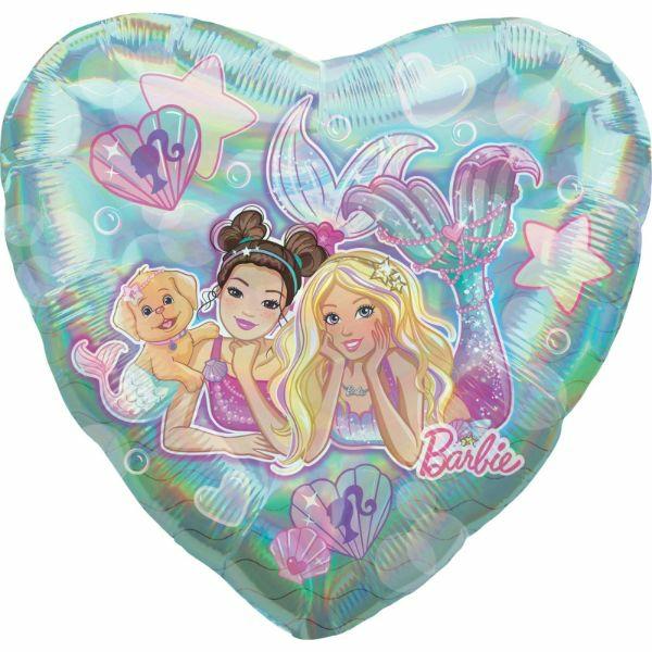 Character & Themed Foil Balloons | Jumbo Holographic Mermaid Barbie Heart Foil Balloon – 71Cm