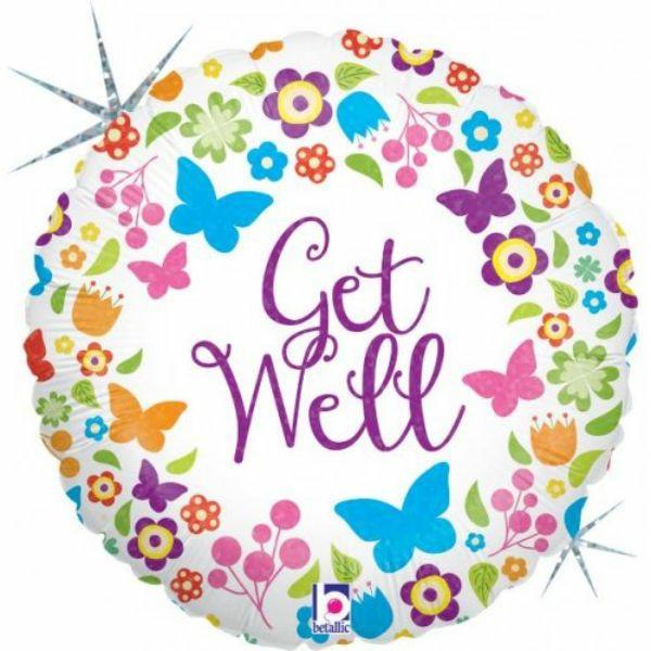 Message Foil Balloons | Round Holographic Butterflies & Flowers Get Well Foil Balloon – 45Cm