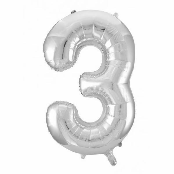 Numbered Foil Balloons – 86 cm | Silver Decrotex Number 3 Foil Balloon – 86Cm