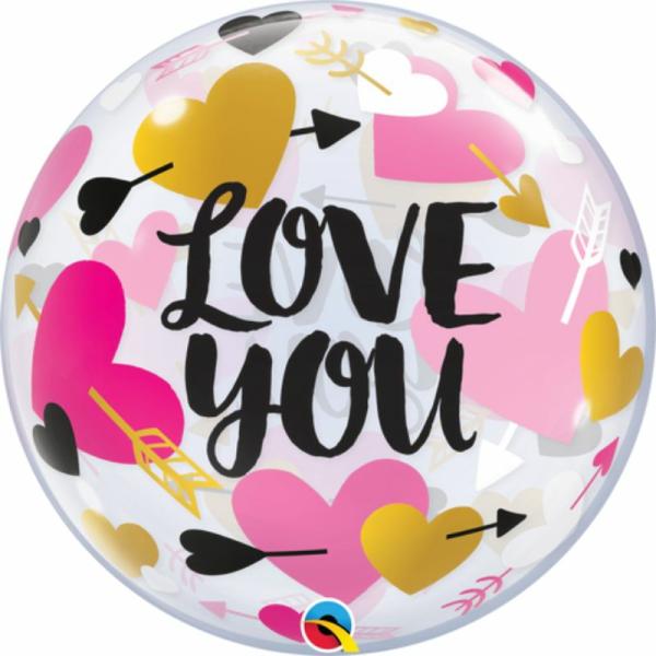 Printed Bubble Balloons | Single Bubble Love You Hearts And Arrows Balloon – 55Cm