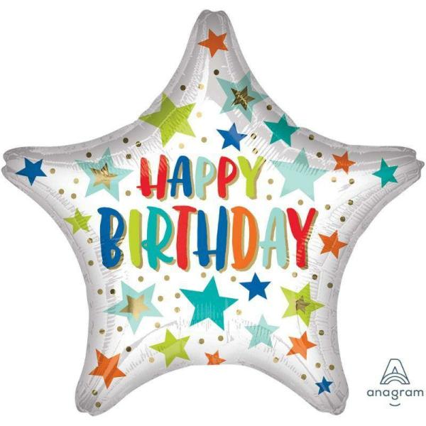 Printed Foil Balloons | Happy Birthday Stars And Dots Star Foil Balloon – 45Cm