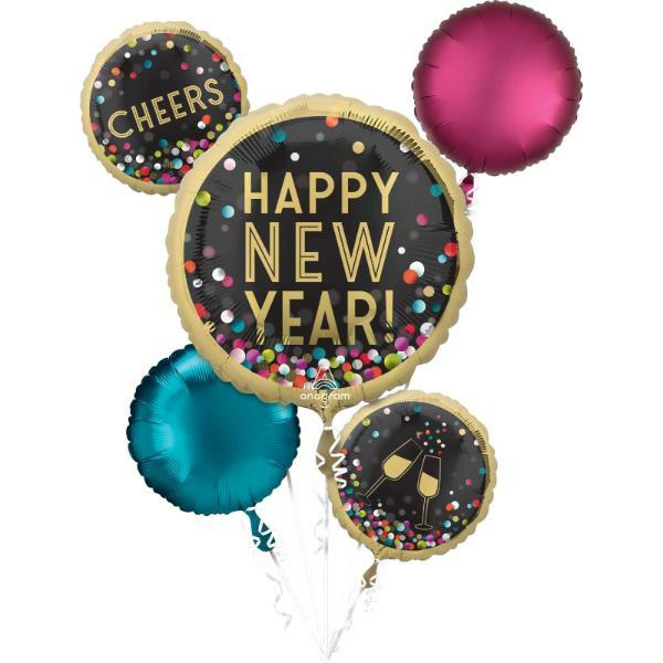 Special Occasion Foil Balloons | 5 Pack Colourful Confetti Happy New Year Foil Balloon Bouquet