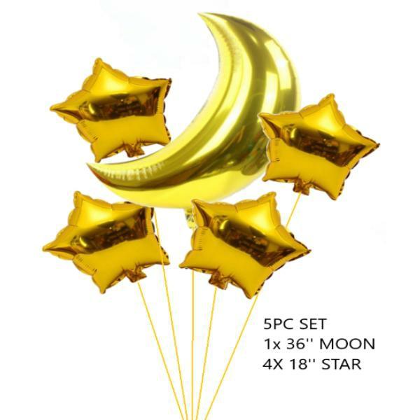 Special Occasion Foil Balloons | 5 Pack Gold Moon Star Foil Balloons