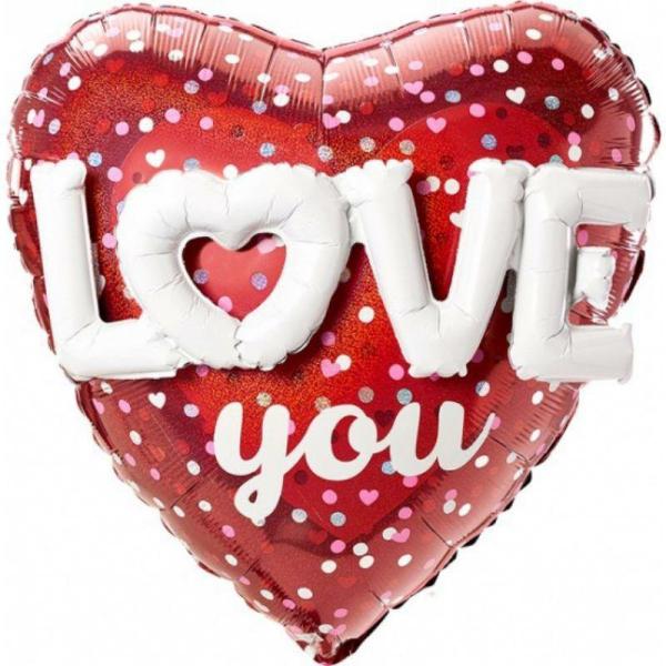 Special Occasion Foil Balloons | Holographic Love Hearts & Dots Foil Balloon – 91Cm