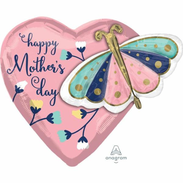 Special Occasion Foil Balloons | Pink Happy Mothers Day Multi Balloon Butterfly & Heart Shape Foil Balloon – 66Cm X 60Cm