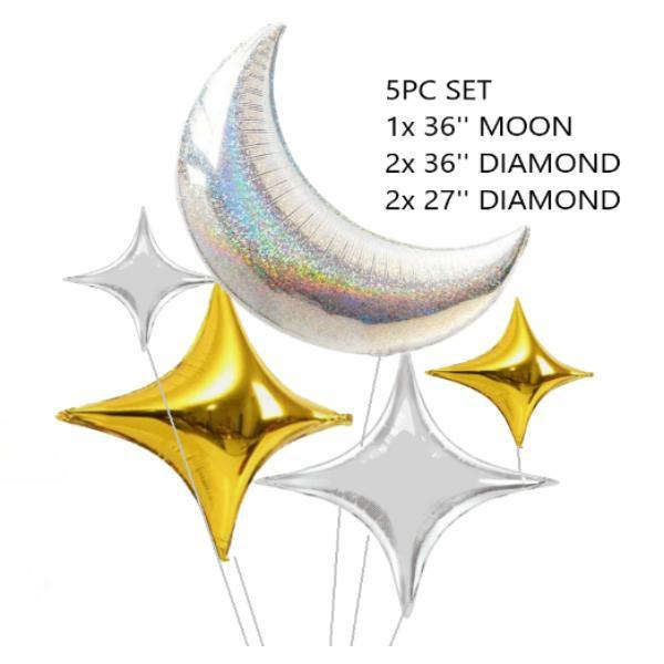 Special Occasion Latex Balloons | 5 Pack Diamond Moon Star Balloons