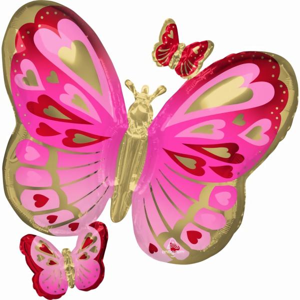 Supershapes | Butterfly Red, Pink & Gold Foil Balloon – 73Cm X 71Cm