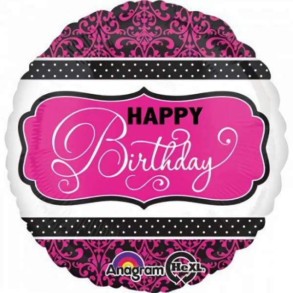 Birthday & Milestone Foil Balloons | Happy Birthday Filigree Pink Black & White Foil Balloon – 45Cm