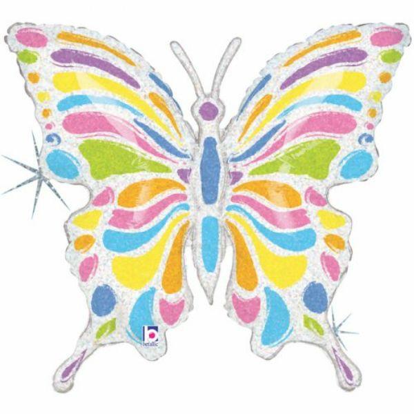 Printed Foil Balloons | Pastel Butterfly Holographic Shape Foil Balloon – 83Cm