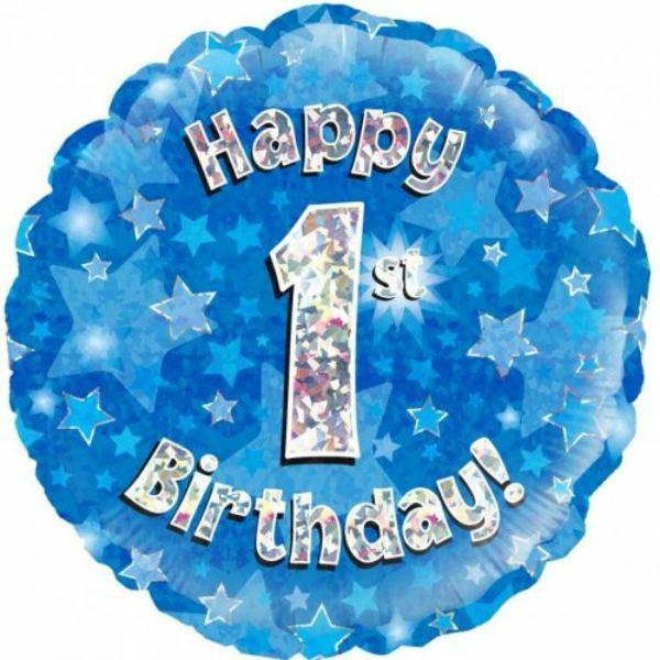 Birthday & Milestone Foil Balloons | Blue Round Holographic Happy 1St Birthday Foil Balloon – 45Cm