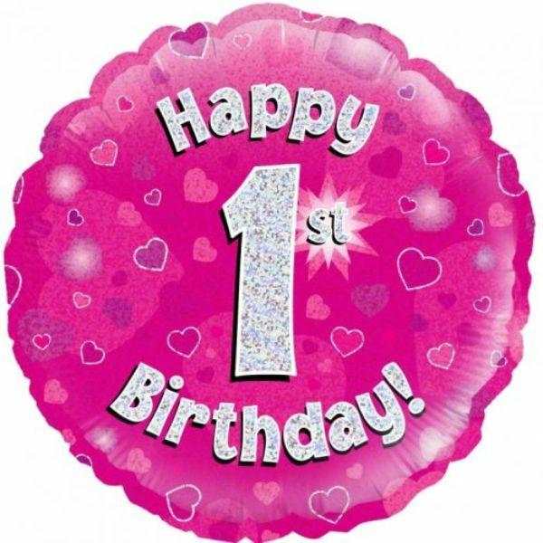 Birthday & Milestone Foil Balloons | Pink Round Holographic Happy 1St Birthday Foil Balloon – 45Cm