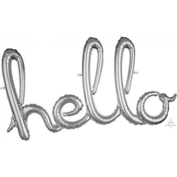 Air-Filled Banners | Silver Hello Script Phrases Foil Balloon – 99Cm X 55Cm